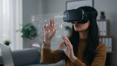 exploring the future: a woman engages with virtual reality technology, using interactive digital interfaces and immersive data visualizations at home