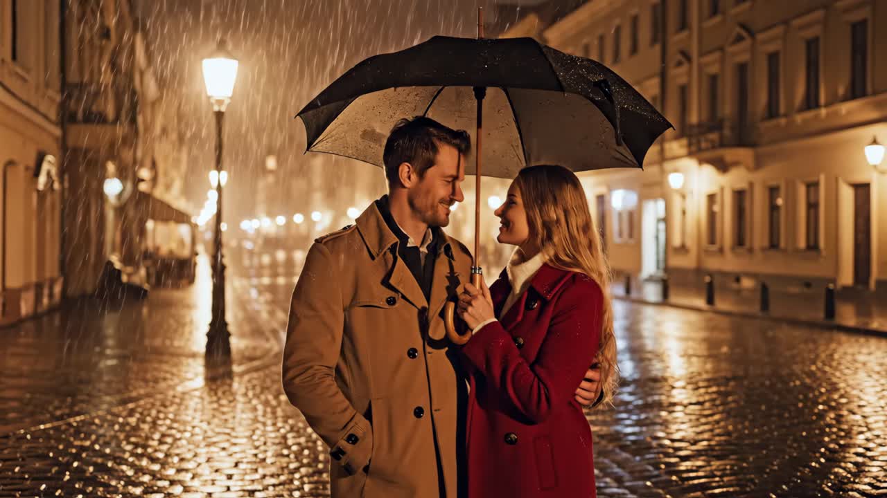 Romantic Couple Walking in the Rain at Night