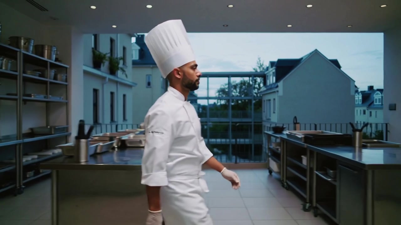 Un cuoco in divisa bianca e cappello alto che entra e attraversa la cucina per la preparazione, passando un'isola e un ceppo portacoltelli