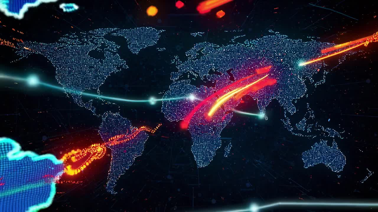 Exploring a digital world map with vibrant data streams illuminating the continents and connecting global networks