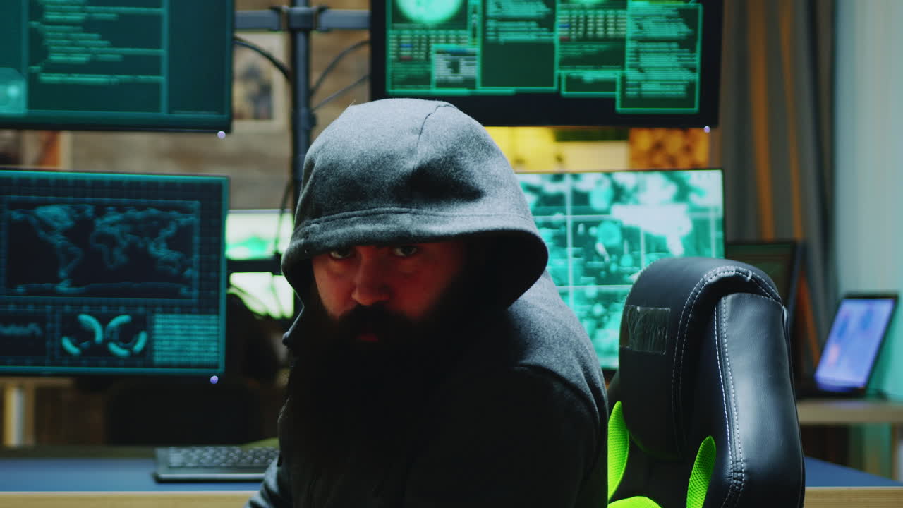 Dangerous hacker wearing a hoodies and looking into the camera