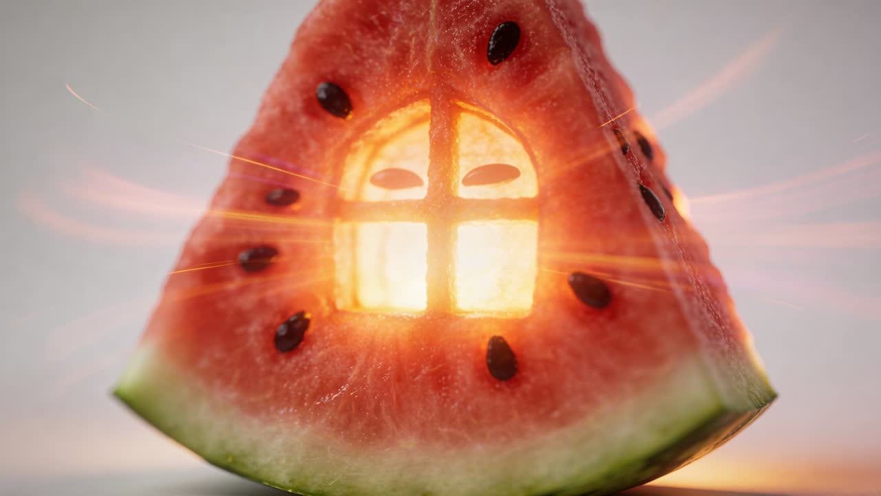 Fetta di anguria pulsante con un bagliore crescente che emette luce calda su un tavolo da studio, finestra intagliata, semi.