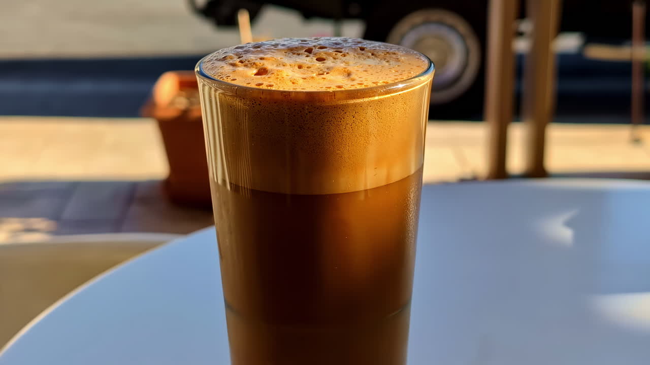 Close-up of an iced coffee served on a sunny day at a local café in Crete, Greece, showing vacation relaxation vibes