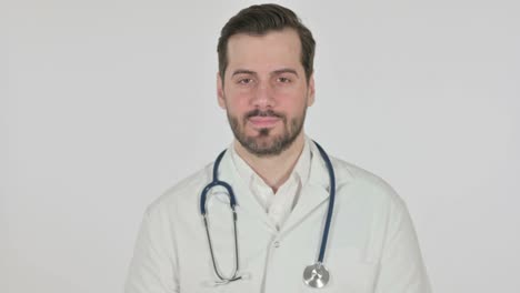 Serious Doctor Looking at the Camera, White Screen