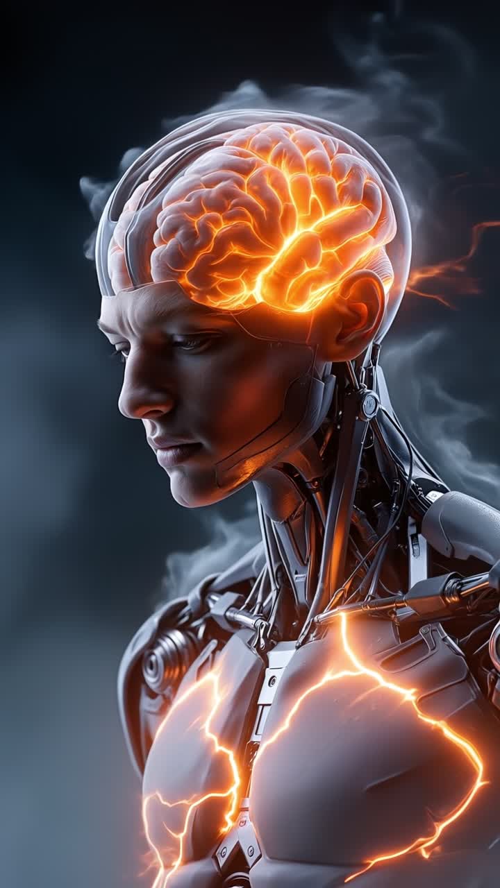 Profilo futuristico di un umanoide bionico con una rete neurale arancione luminosa e cervello digitale