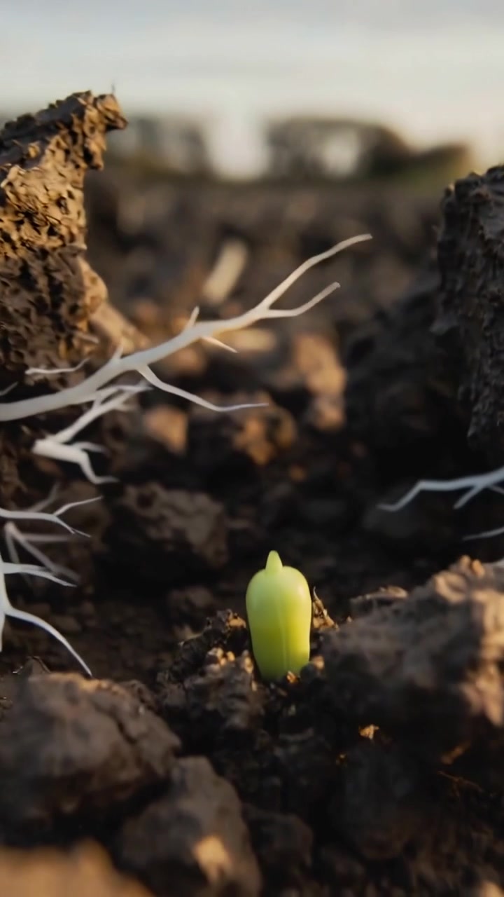 Vidéo verticale : Une graine verte qui germe poussant une pousse à travers la terre labourée au lever du soleil, avec des racines blanches.