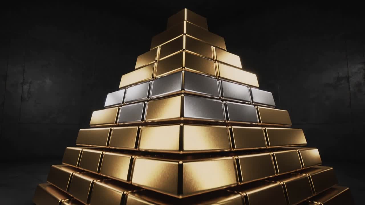 Video verticale: la telecamera si avvicina, luci che illuminano una piramide, mostrando un contrasto oro-argento per la tecnologia.