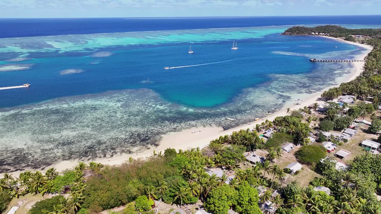 Turquoise Seas Of Mana Island At Mamanuca Islands, Fiji. Aerial Drone Shot