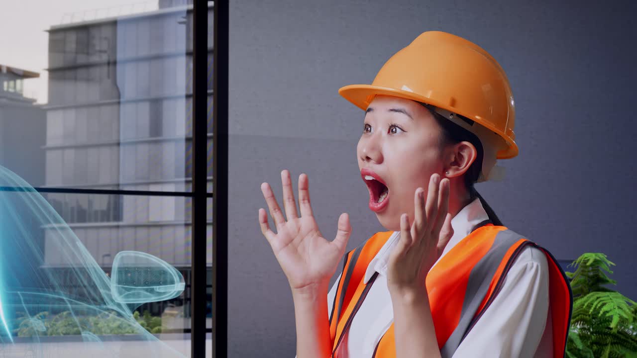 안전 헬을 입은 아시아 여성 엔지니어가 웃으며 와우라고 말하면서 전기 차량의 개념과 함께 서 있습니다.