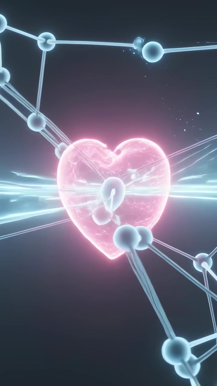 Video verticale: Banda dinamica che energizza un cuore rosa pulsante nel vuoto, con nodi ciano, aste, hub e polvere.