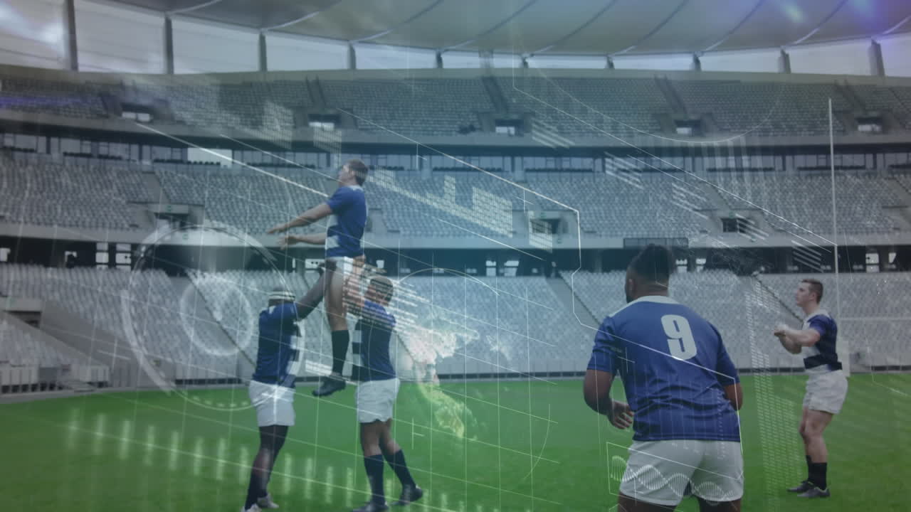 스포츠 경기장에서의 럭비 경기에 대한 데이터 처리 애니메이션