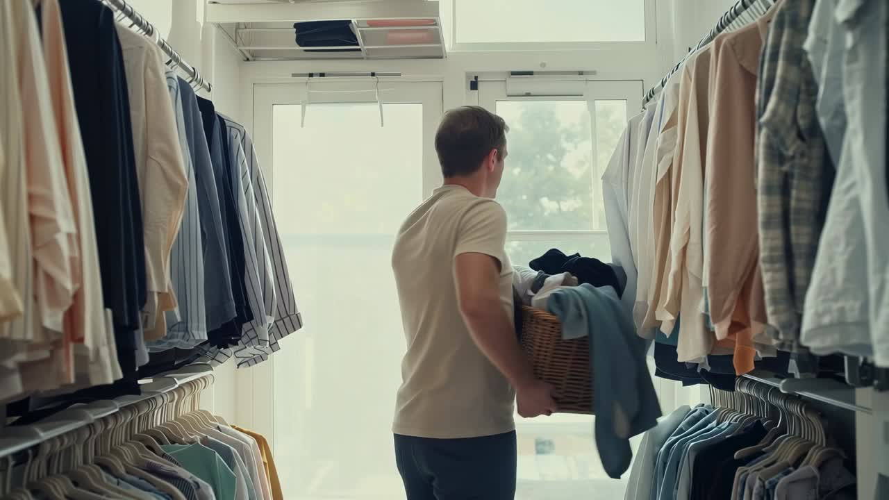 After gathering laundry walking man in polo holding wicker basket tucking shirt in laundry room