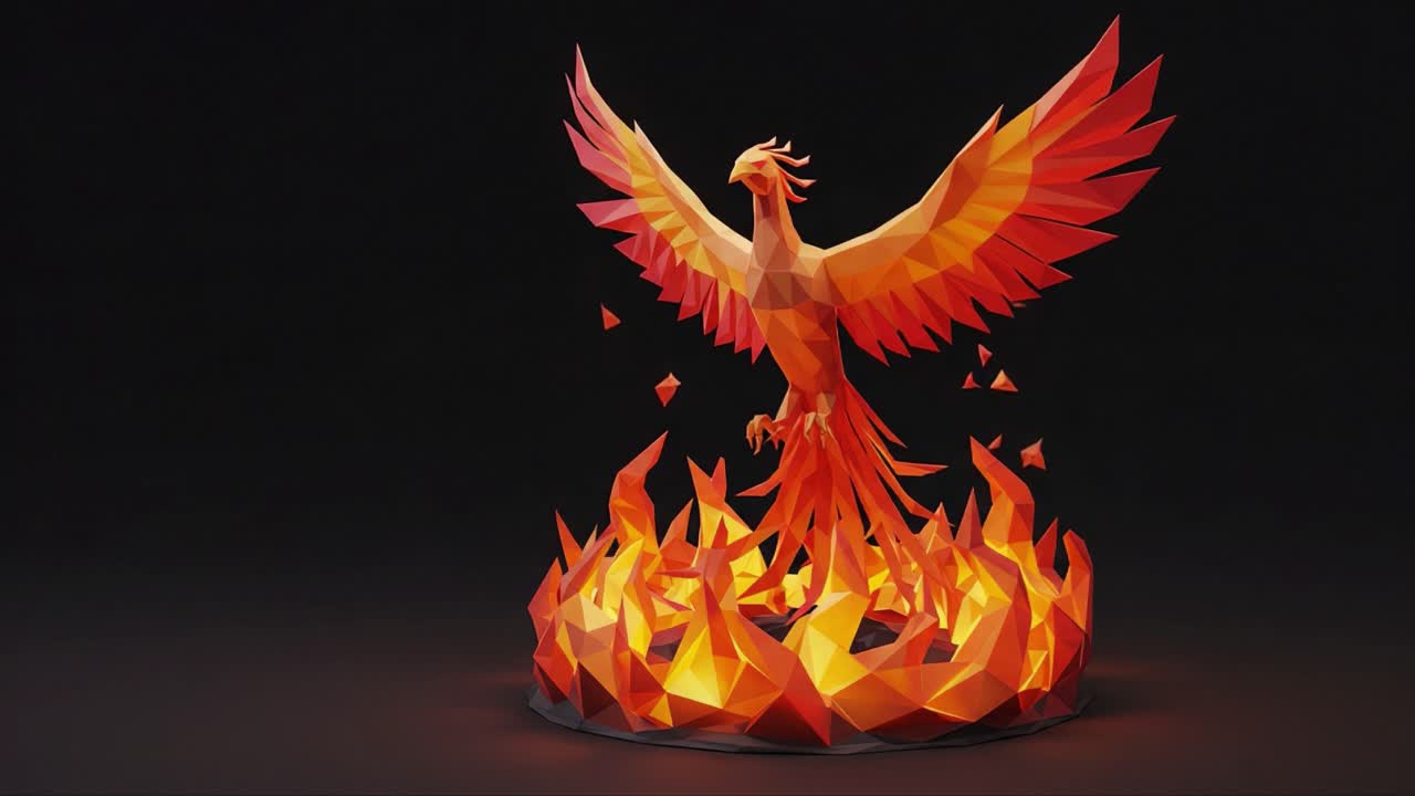 Stunning Polygonal Phoenix Sculpture Rising from Flames in Vibrant Orange and Red Colors, Symbolizing Rebirth and Transformation Through Artistic Design and Digital Craftsmanship
