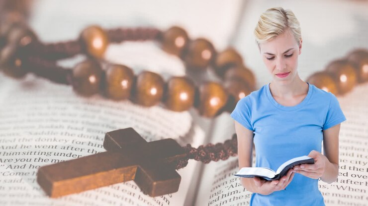 Animation of caucasian woman praying reading holy bible and rosary