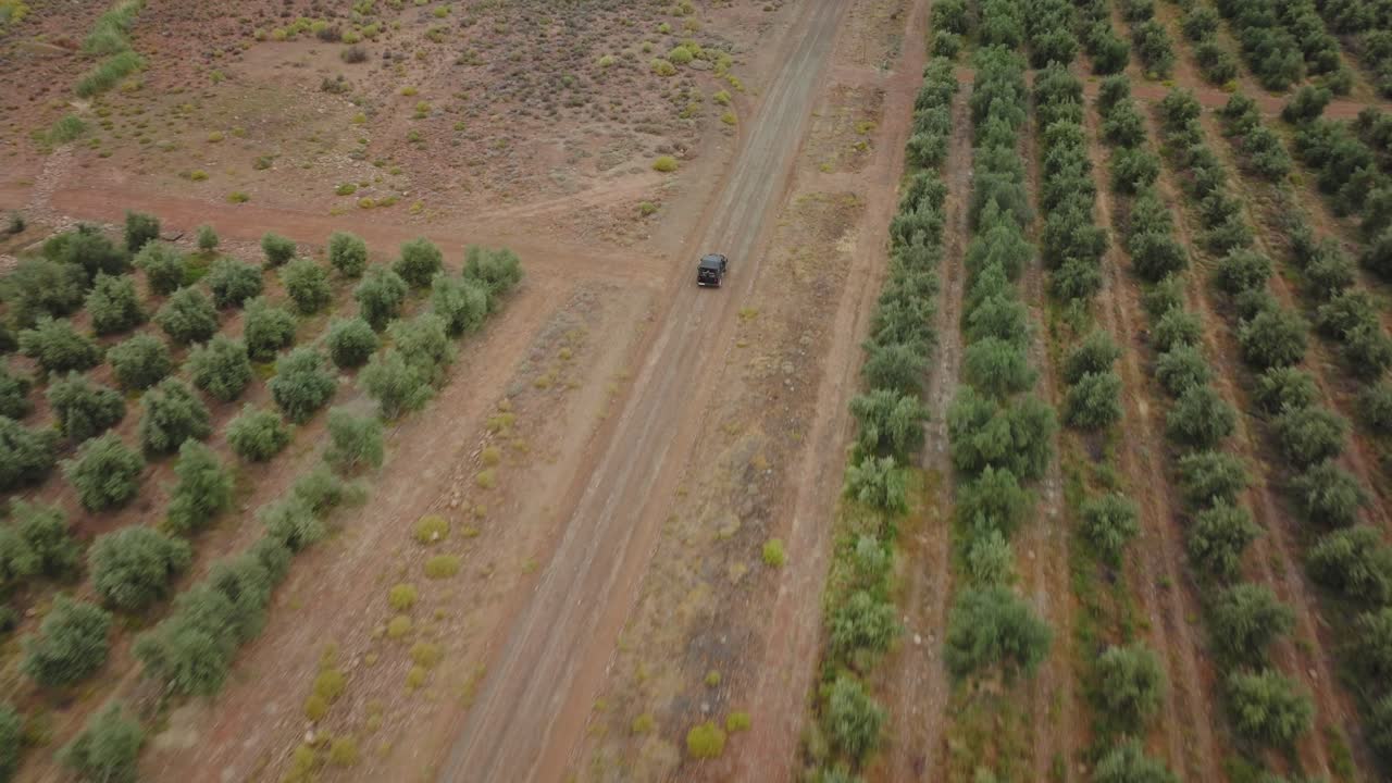 el avión no tripulado vuela rápidamente sobre una carretera y sigue a un vehículo todo terreno negro - hay muchos árboles a la orilla de la carretera en la zona silvestre de cederberg en sudáfrica - se pueden ver montañas en el fondo