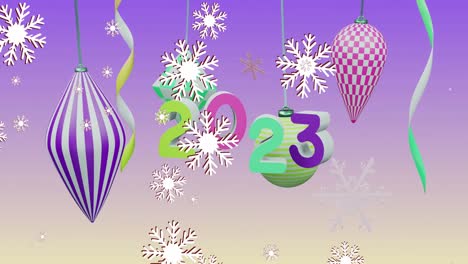 Animación-De-Copos-De-Nieve-Sobre-Texto-De-2023-Y-Decoraciones-Sobre-Fondo-Morado