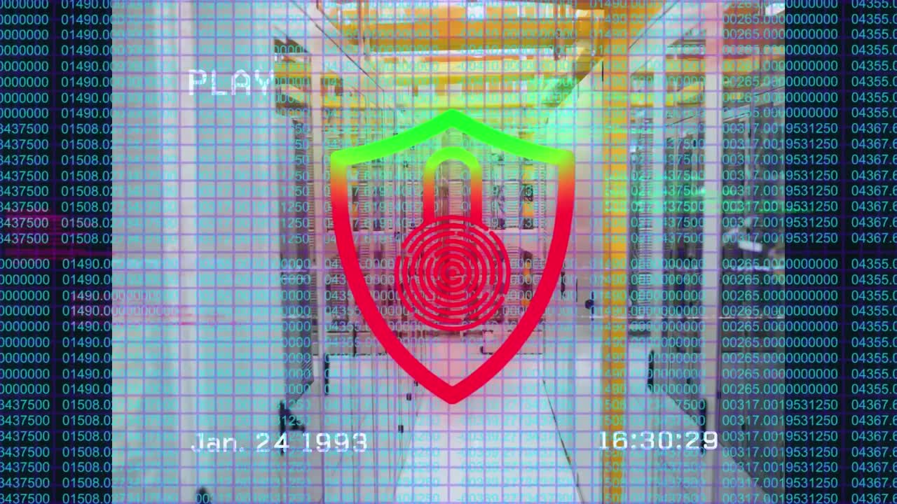 Animation of playback screen with red and green padlock and data processing over server room