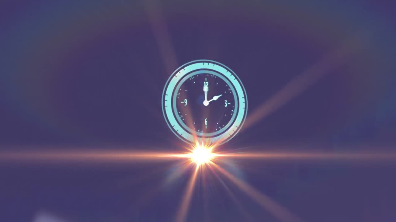 Animation of rotating safe lock with clock over light trail on blurred background