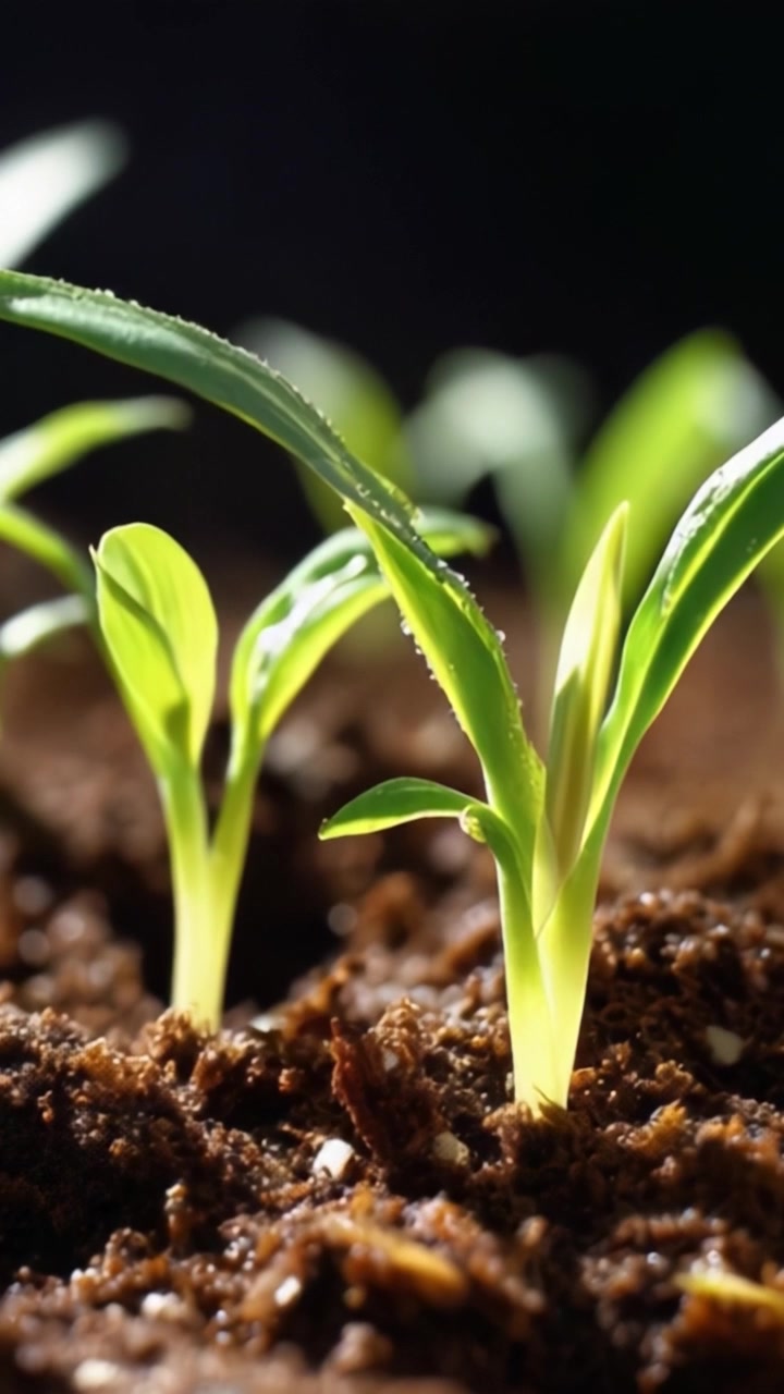 Piantine che germogliano in terreno ricco di nutrienti, mostrando una crescita vegetale fresca e un rinnovamento, simboleggiando vita, natura e prosperità agricola in una vista ravvicinata.