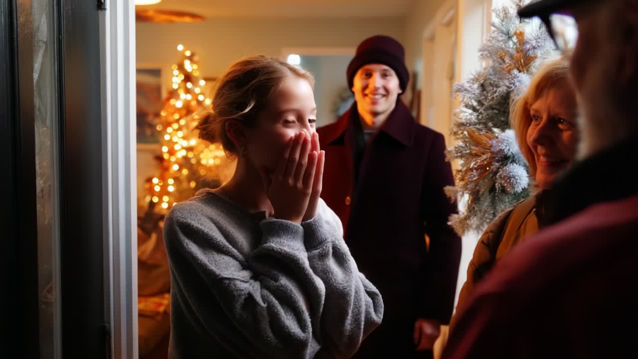 A Surprising Reunion: A Young Girl's Emotional Reaction to a Heartwarming Visit During the Holiday Season Captured in Two Frames Emphasizing Joy and Connection with Family and Friends