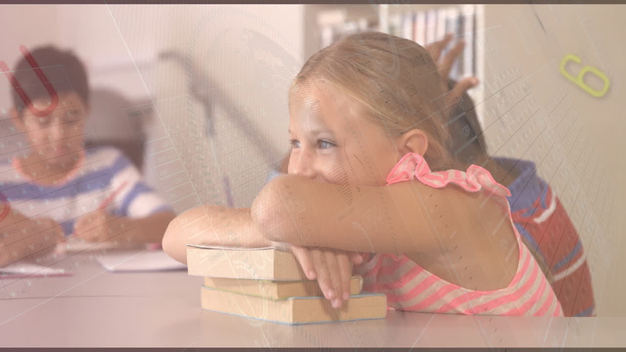 students leaning on books in classroom, showing animated chart overlays and floating book icons