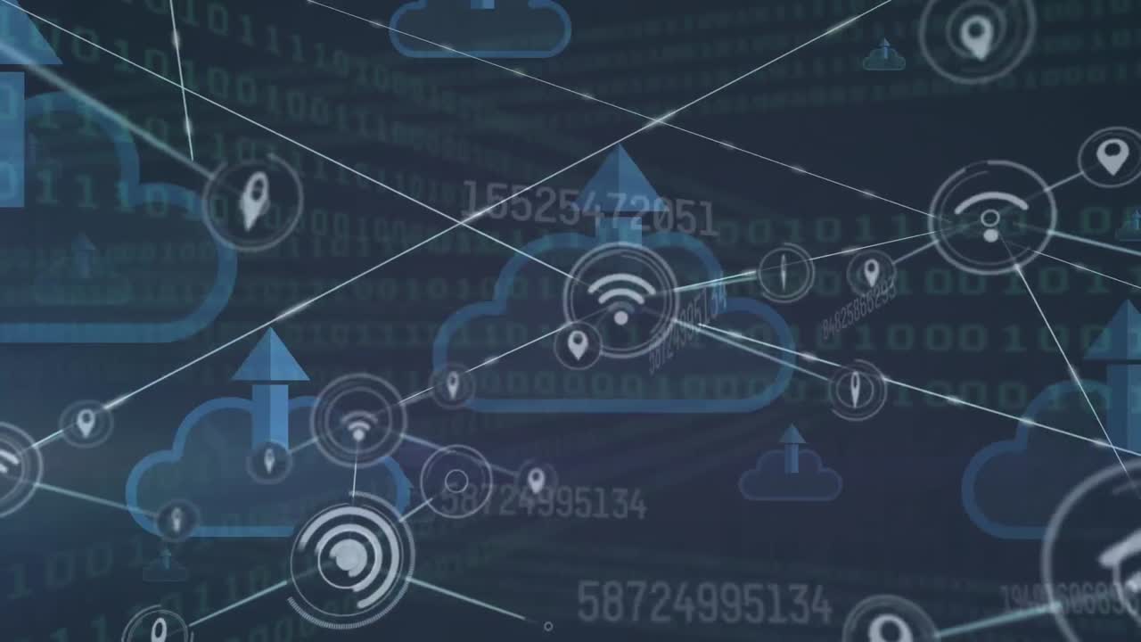 Animation of network of connections and cloud with uploading over navy background