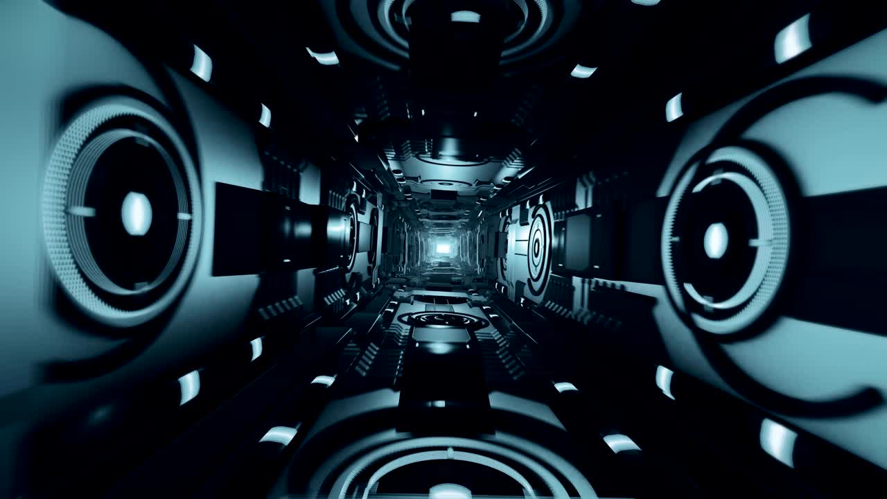 Seamless flight in an abstract metal futuristic corridor in space