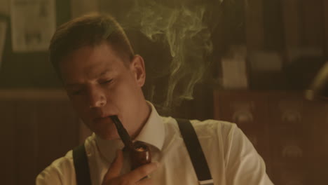 man smoking pipe in a vintage setting