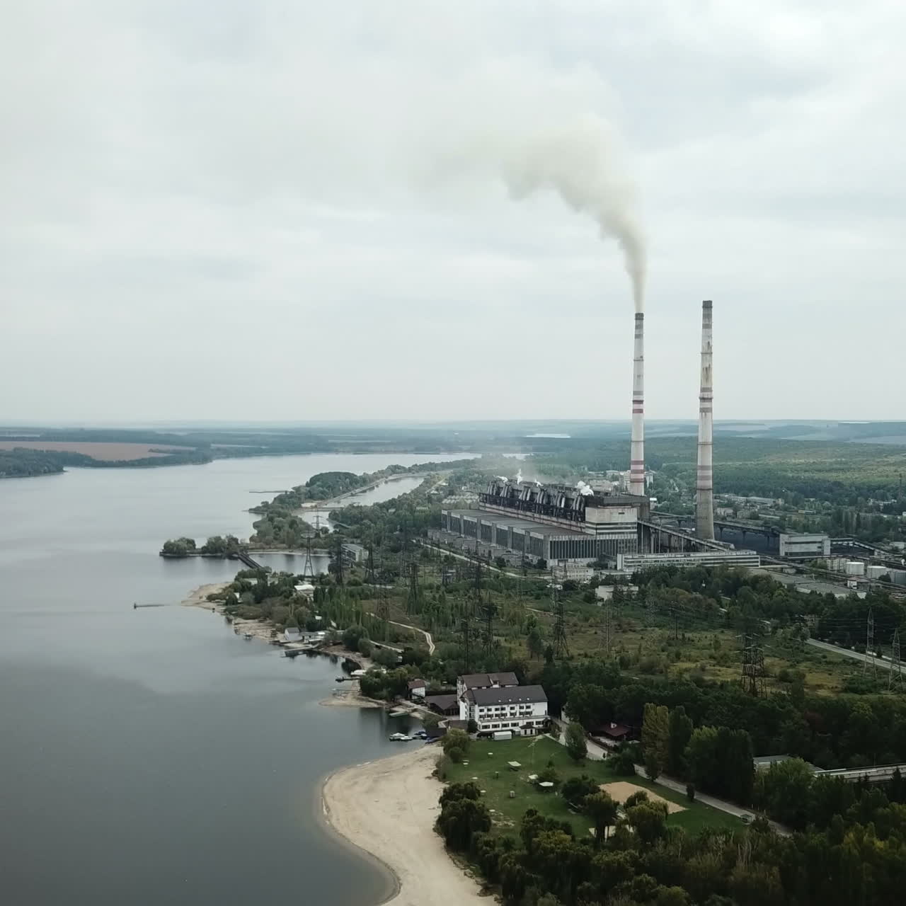 Aerial shot of the heating plants over the river