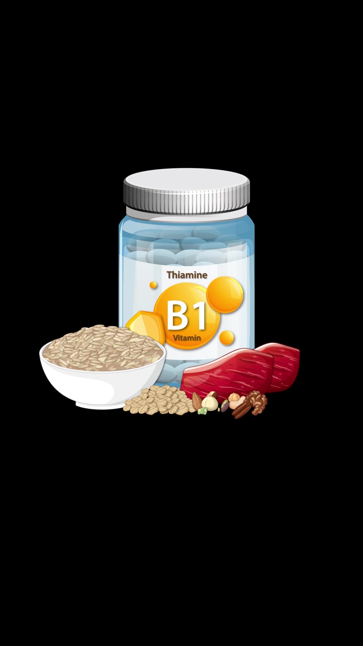 Vitamin B1 bottle gradually surrounded by grains, meat, and seeds on a clean black background
