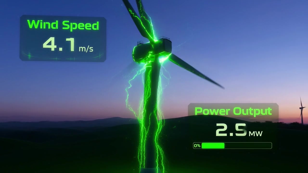 Animated Wind Turbine Generating Green Energy with Digital Data Display