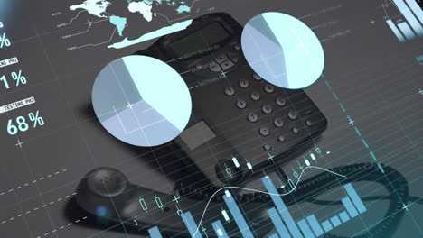 graphs and charts animation over office phone and world map