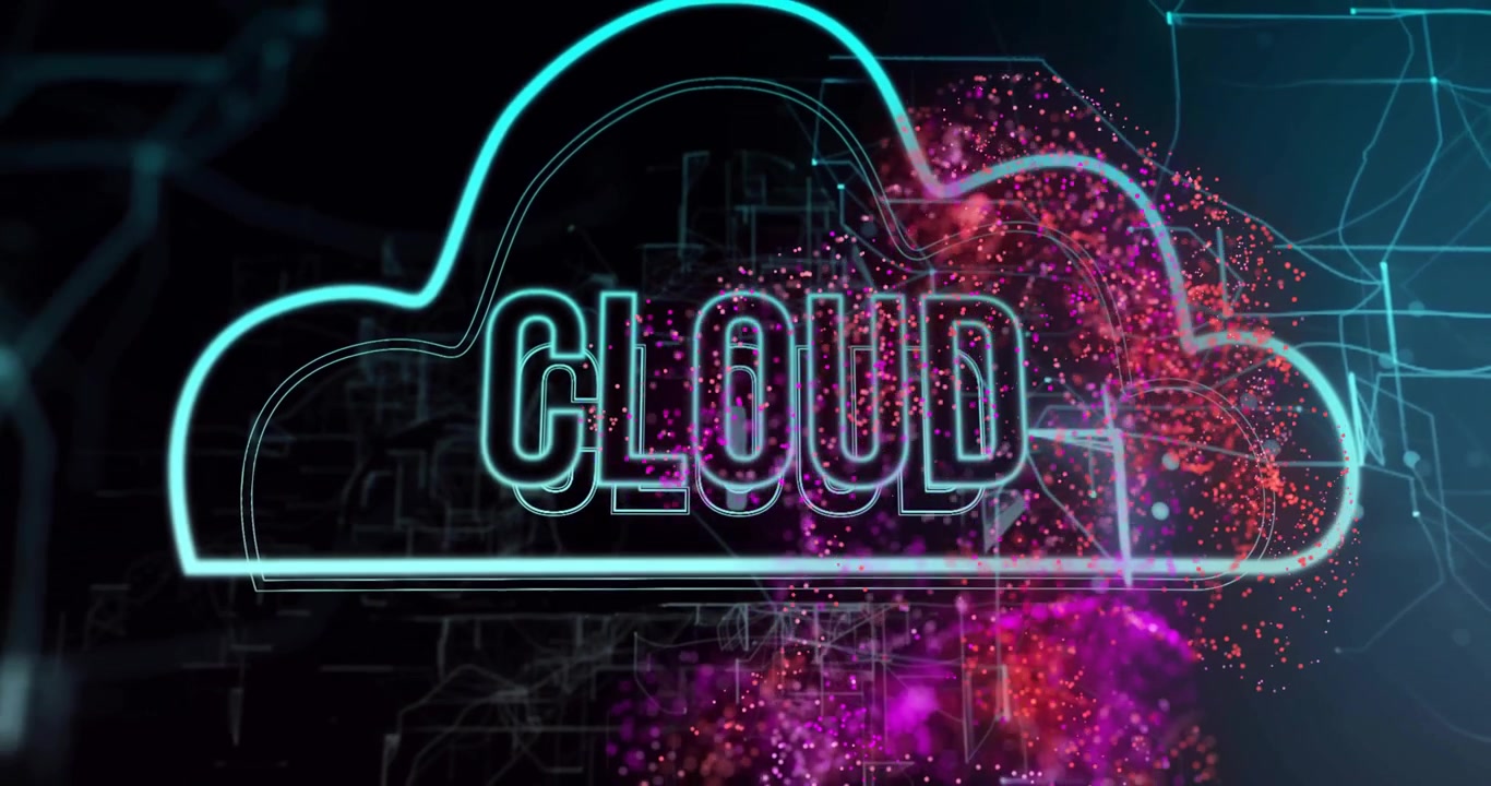 Flickering network lines tracing CLOUD, swirling particles forming neon cloud outline for data