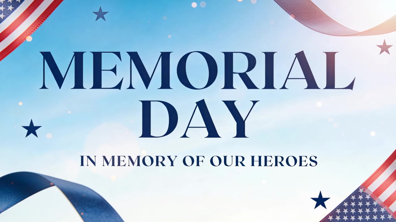 Flare drifting animating MEMORIAL DAY and tagline on pale-blue sky, ribbons waving honoring heroes