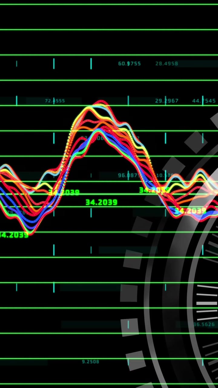 Animation of ticking clock over data processing against black background