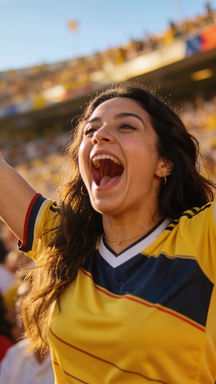 Video verticale: Donna esultante in maglia gialla che alza le braccia e urla dopo un gol allo stadio.