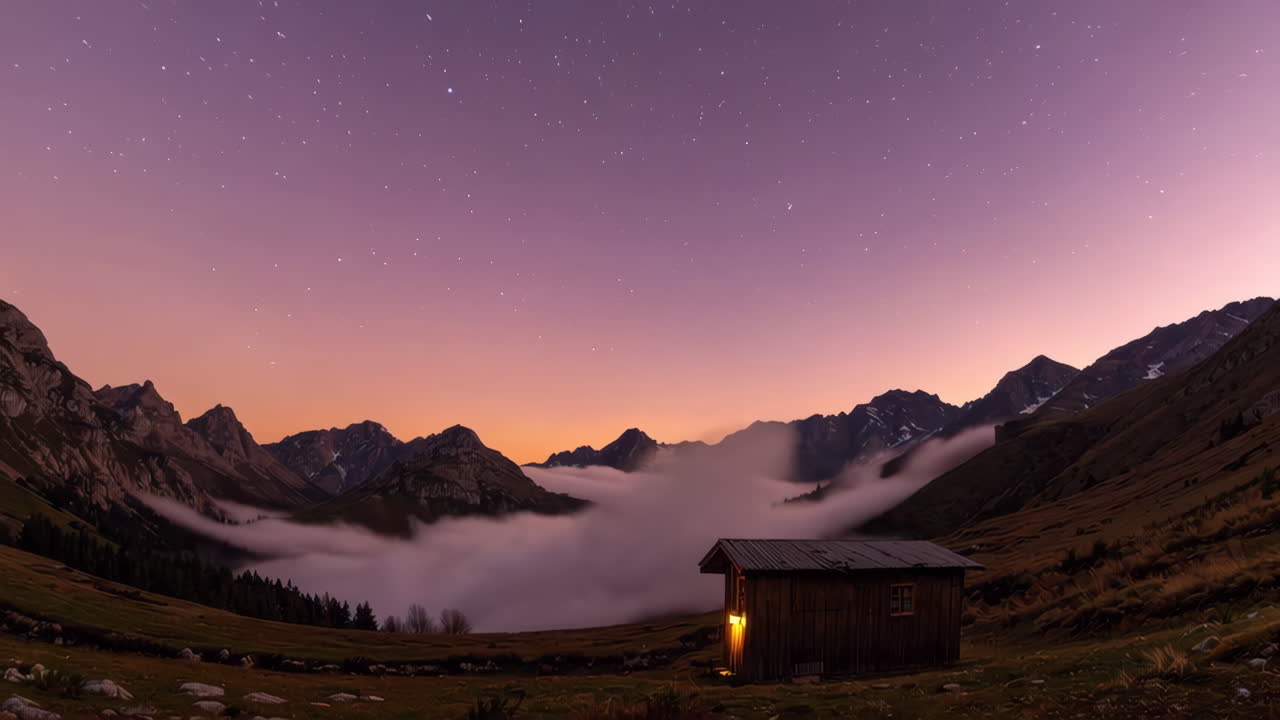 Mountain Cabin Under a Starry Night Sky