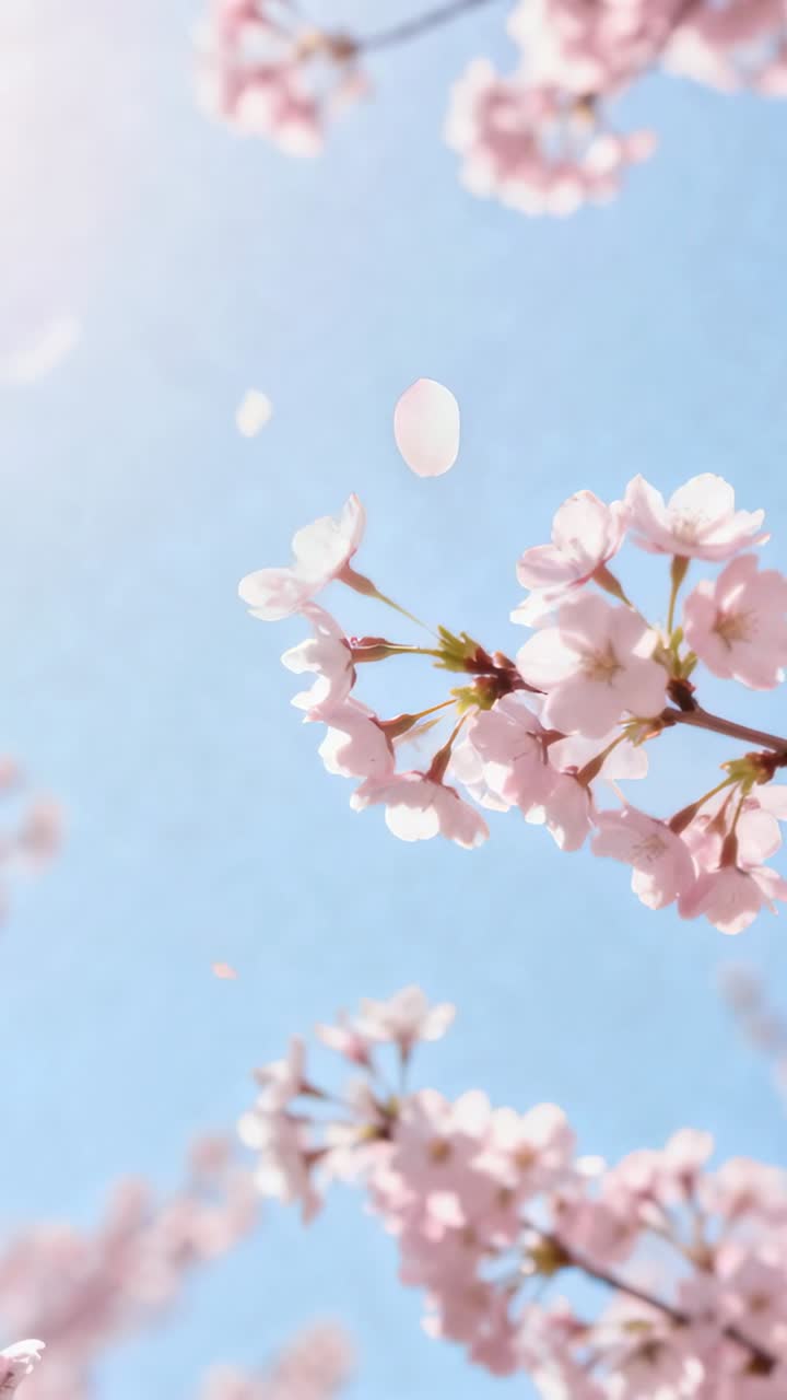 Vertical video: Breeze causing pink cherry blossom cluster releasing petals in park, sun flare