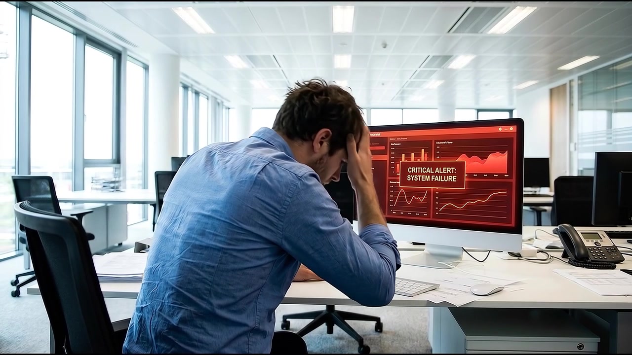 Stressed Office Worker Facing Critical System Failure on Computer