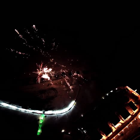 Christmas Firework display. Aerial view beautiful fireworks show in the night sky. Happy New Year