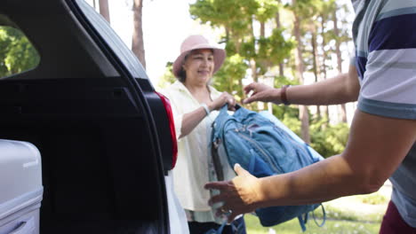 happy diverse senior couple packing luggage to a car in sunny outdoors