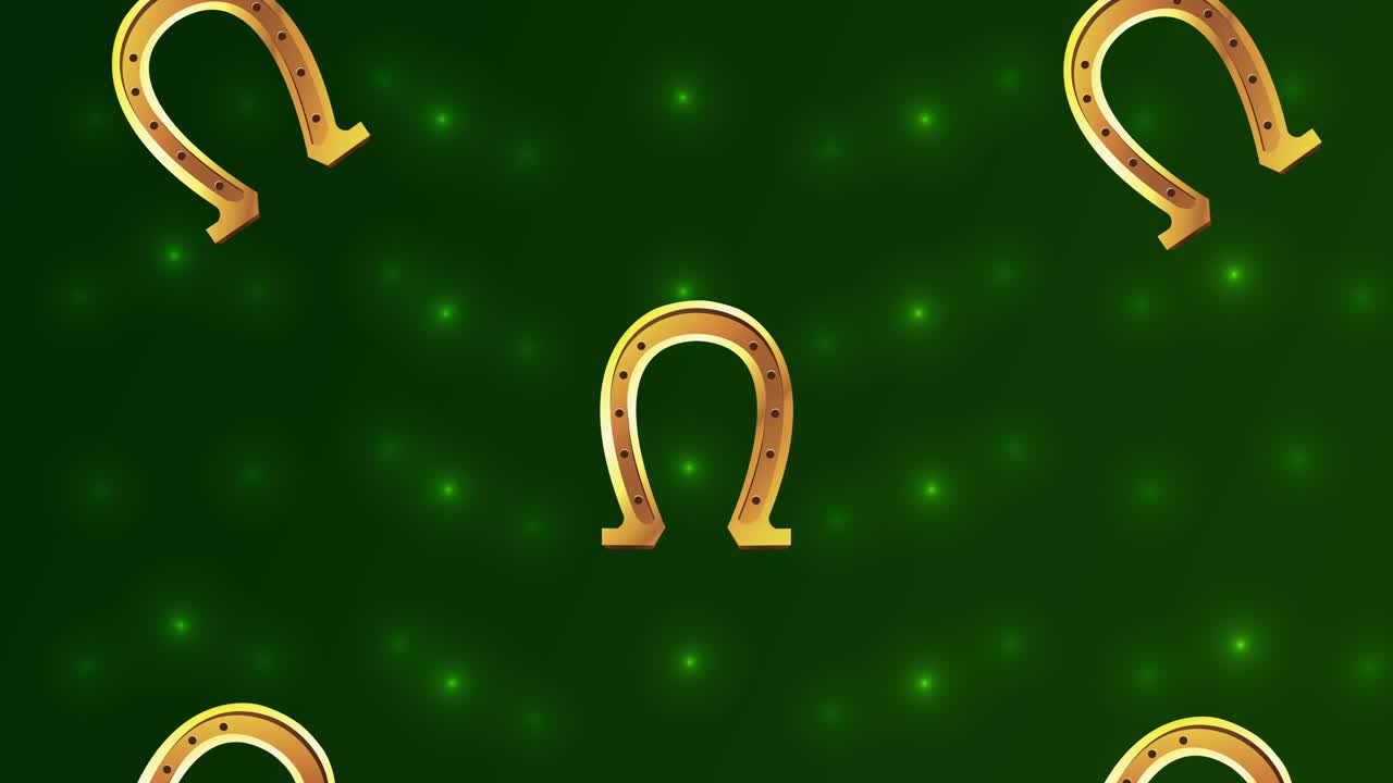 happy saint patricks day poster with golden horseshoes pattern