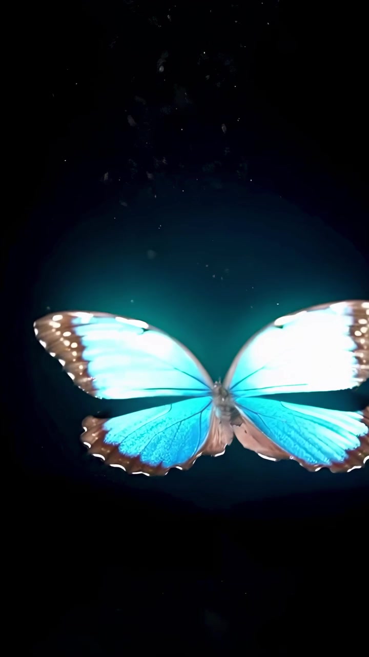 Farfalla Morpho Blu Iridata che Apre e Chiude le Ali su Sfondo Nero