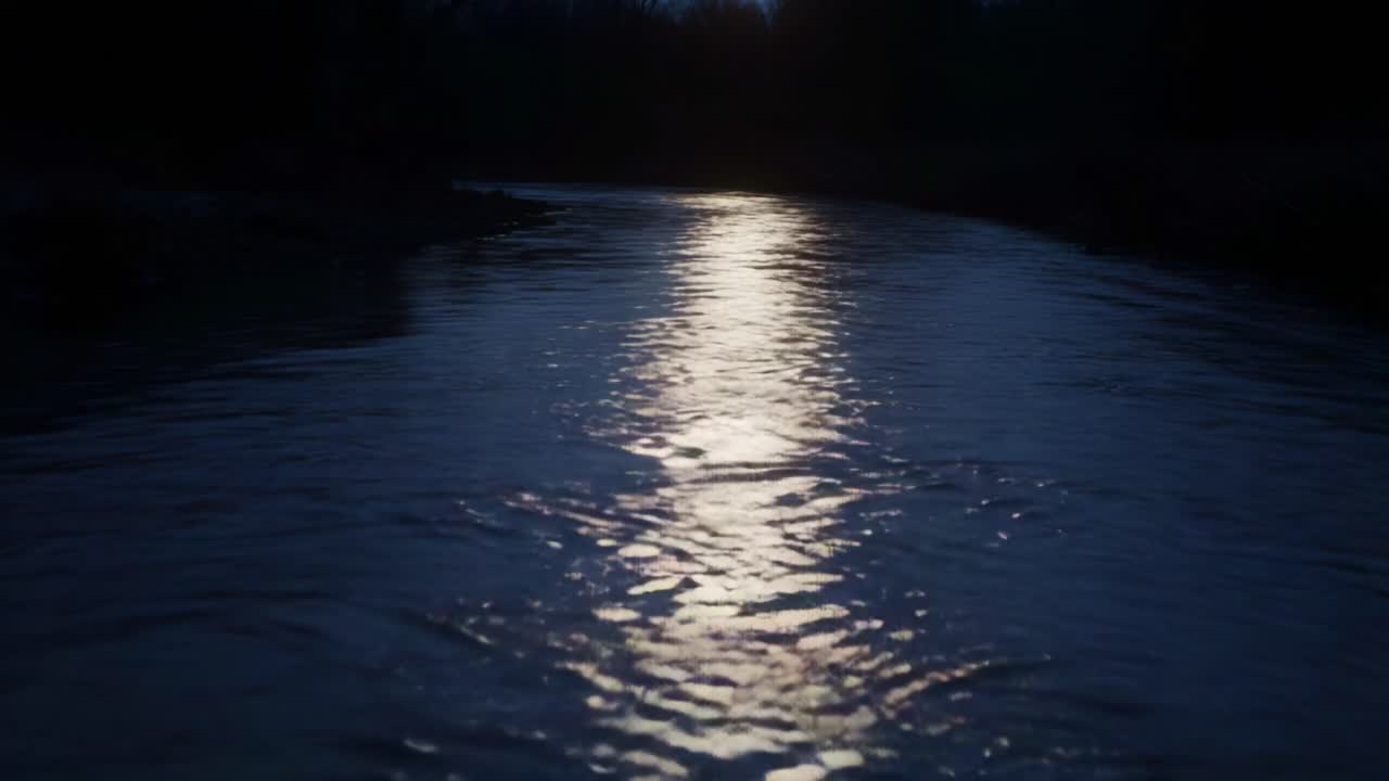 Serene River at Dusk: Capturing the Tranquility of Twilight as Moonlight Dances on the Water's Surface, Creating a Beautiful Reflection in the Calm Current