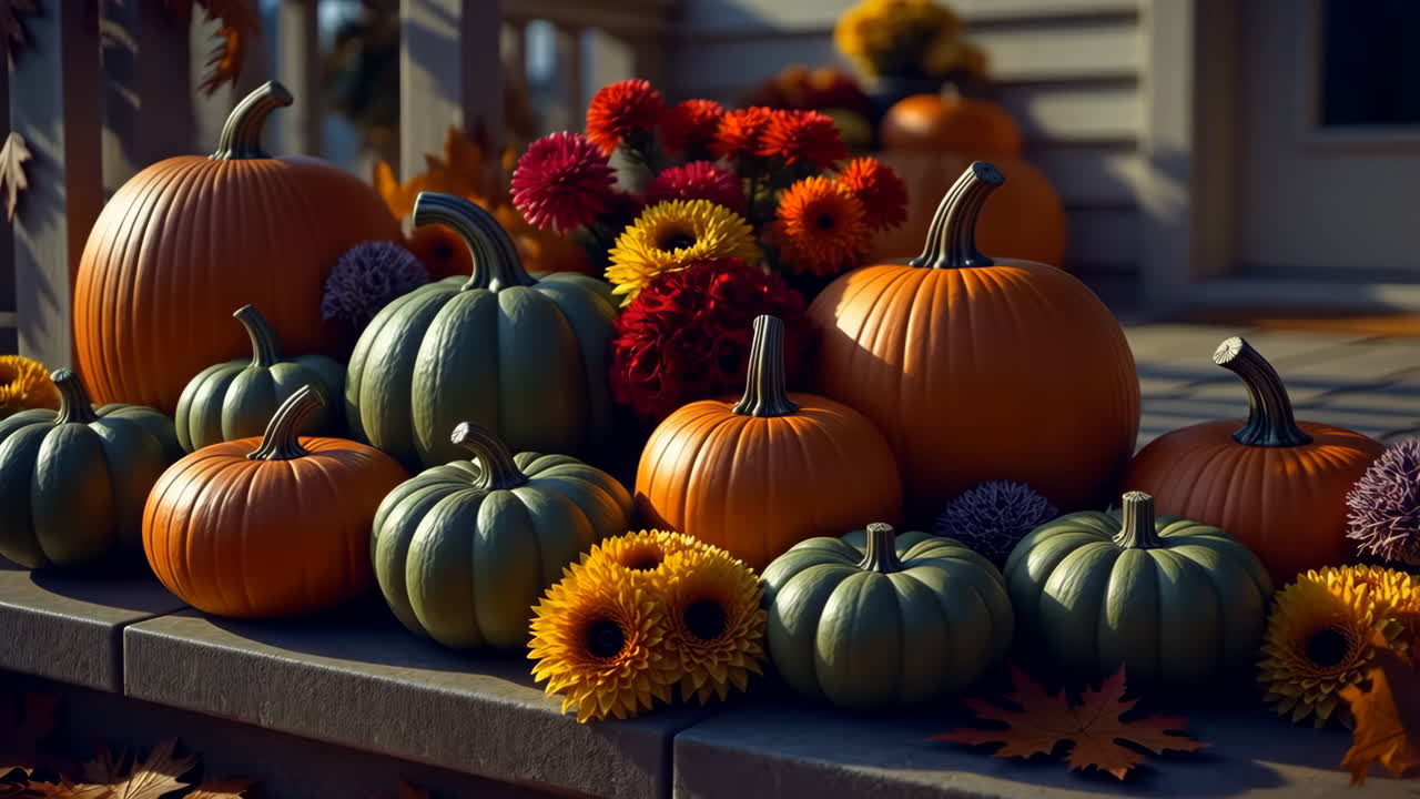 Autumn Pumpkin and Gourd Display with Fall Flowers