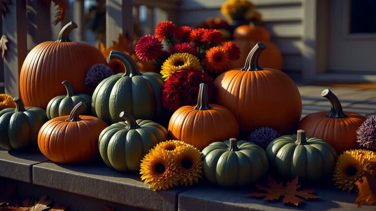 Composizione autunnale di zucche e fiori autunnali