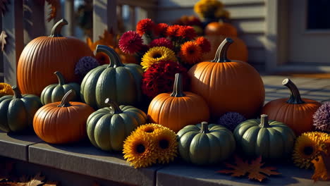 autumn pumpkin and gourd display with fall flowers