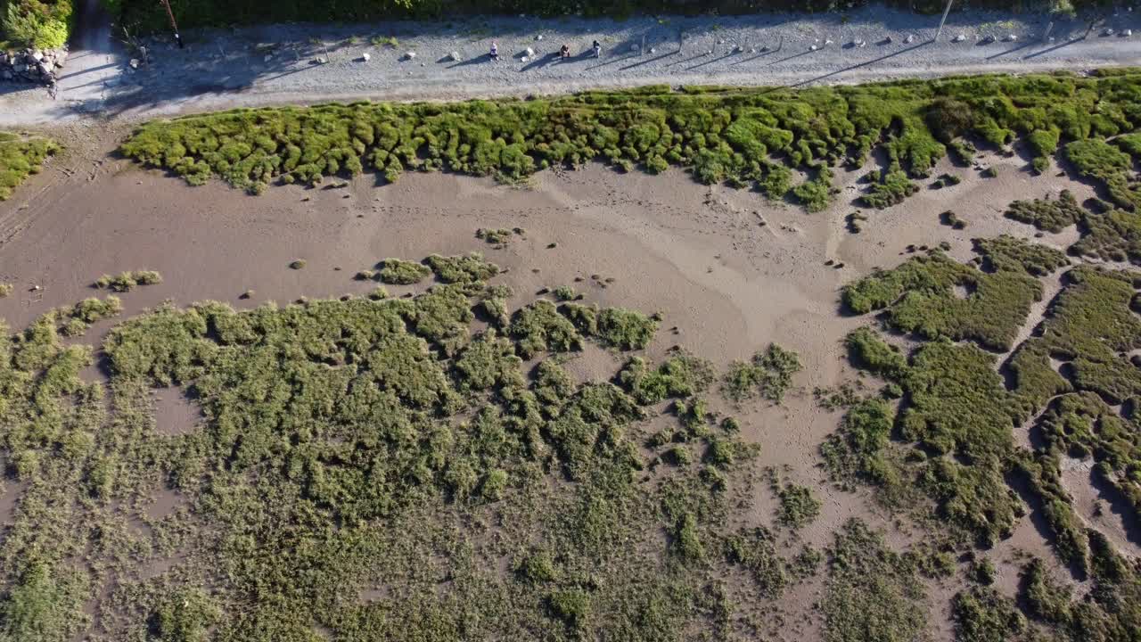 vista aérea de pájaro traeth coch escénico salt marsh páramos campo casa de vacaciones al atardecer