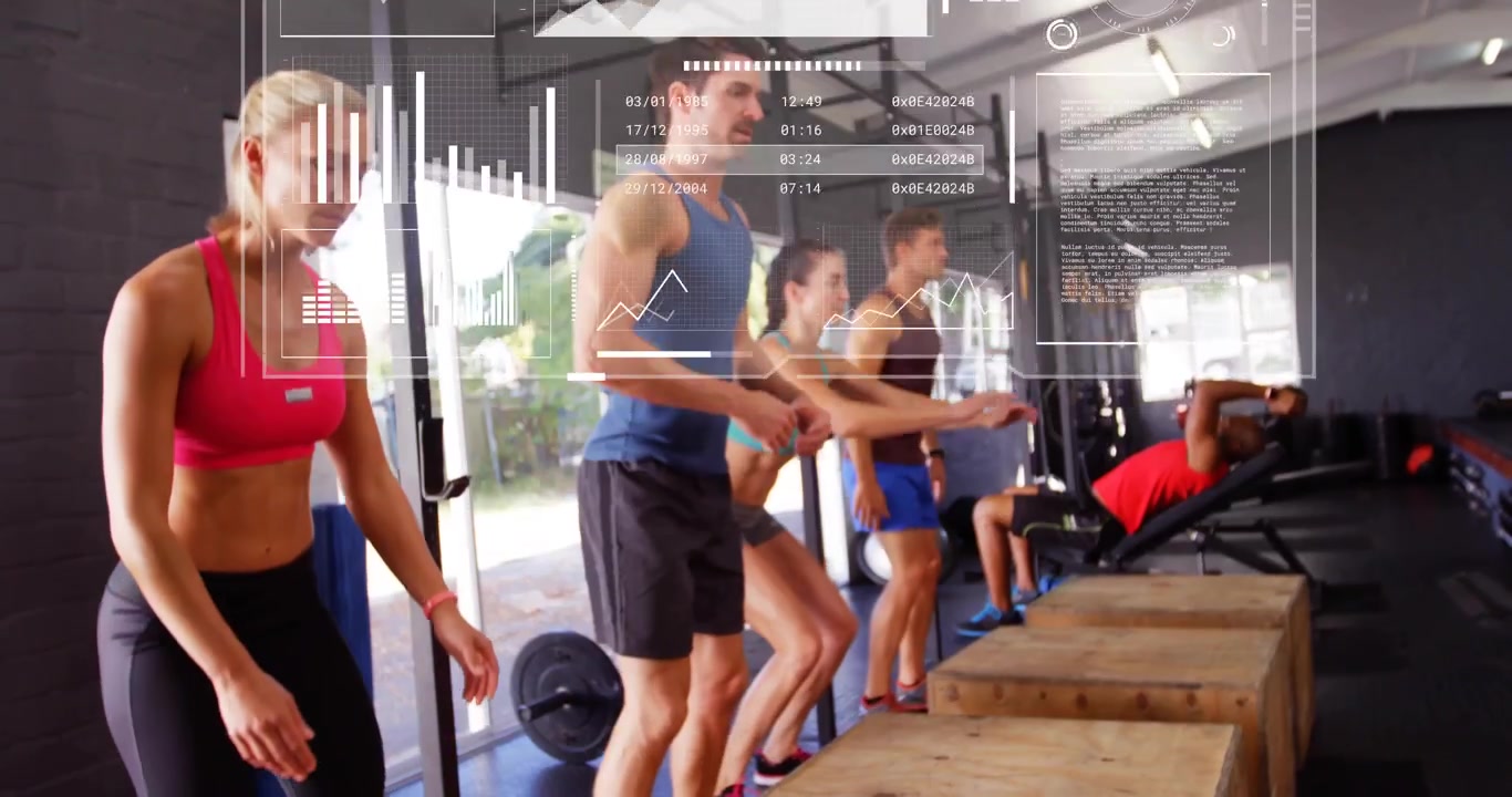 Group of five squatting then exploding into box jumps, bench pressing updating overlays for metrics
