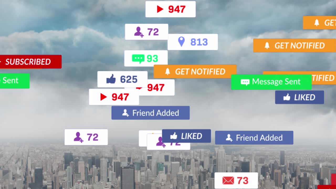 도시 풍경 위에 떨어지는 소셜 미디어 아이콘의 애니메이션